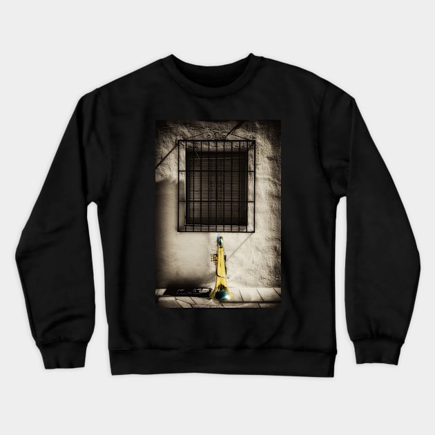 Tuba in front of Spanish window Crewneck Sweatshirt by MiRaFoto